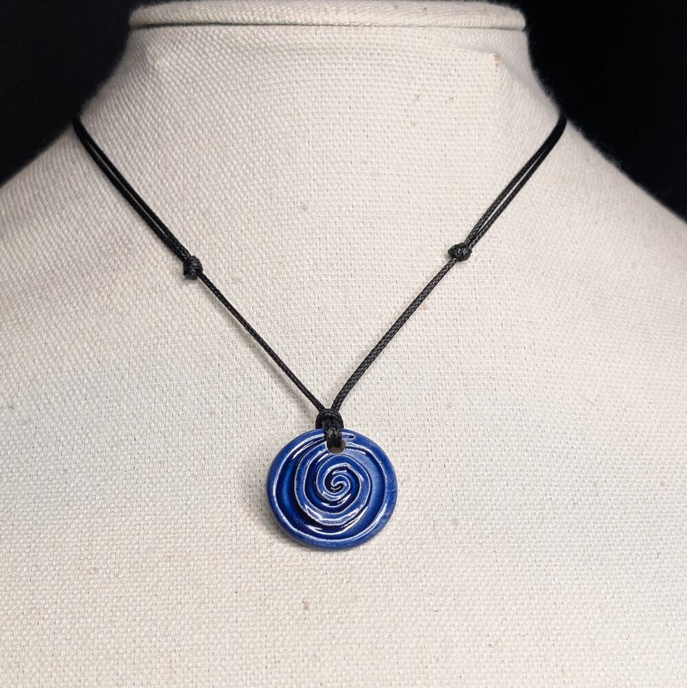 Blue Spiral Handmade Pendant Ceramic Boho Hippie Adjustable Rope Cord Jewelry